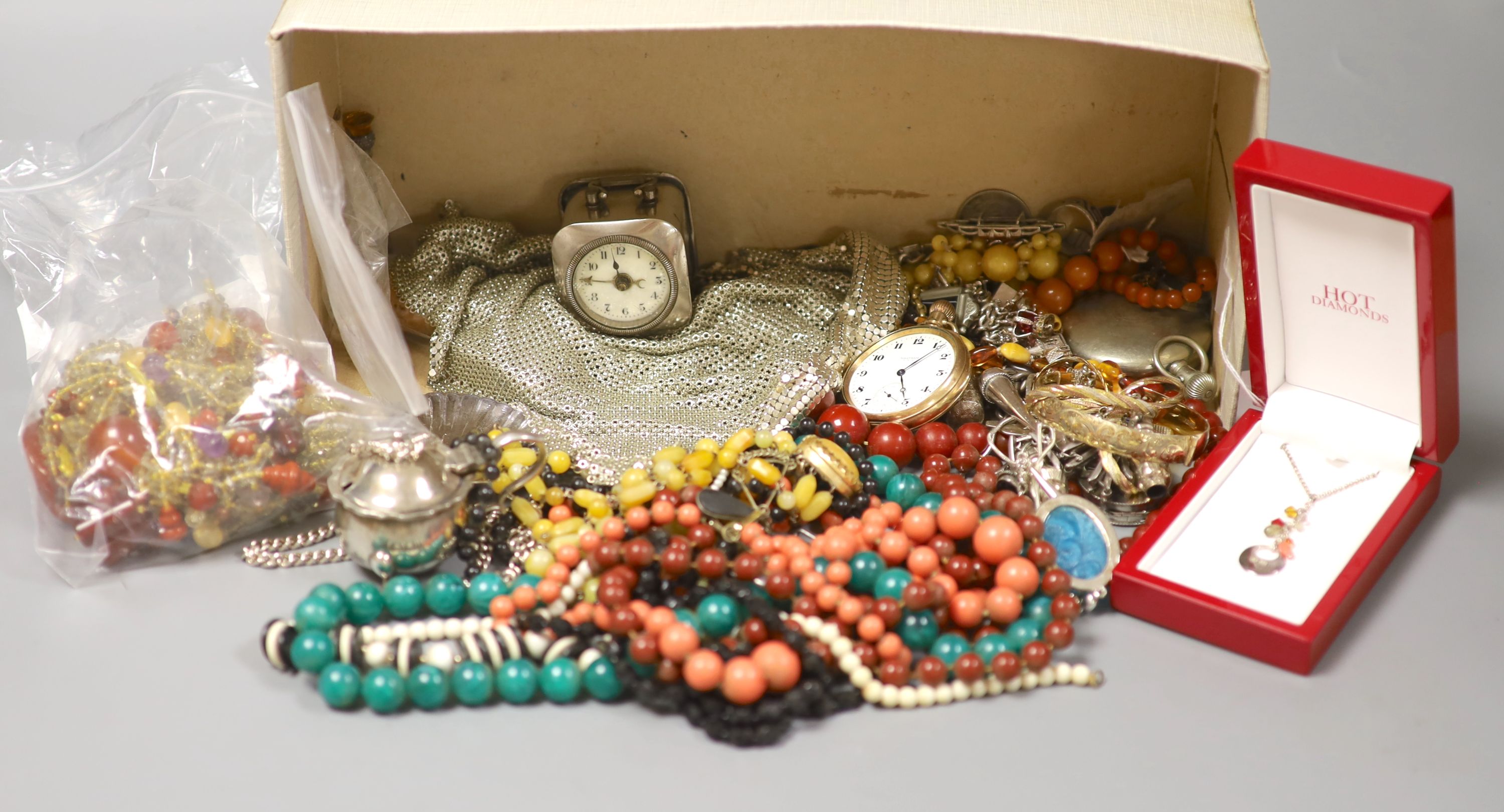 A quantity of mixed jewellery and watches including silver charm bracelet and other silver jewellery, Elgin and Waltham pocket watches, silver condiment etc.